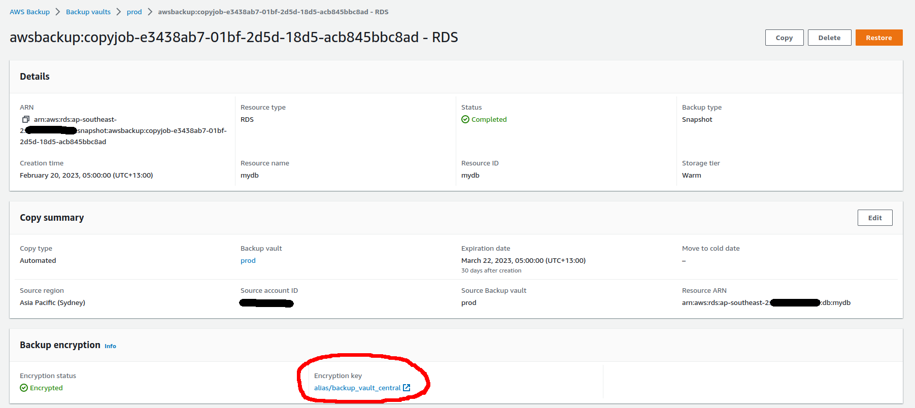 Snapshot encryption for RDS in the destinationaccount