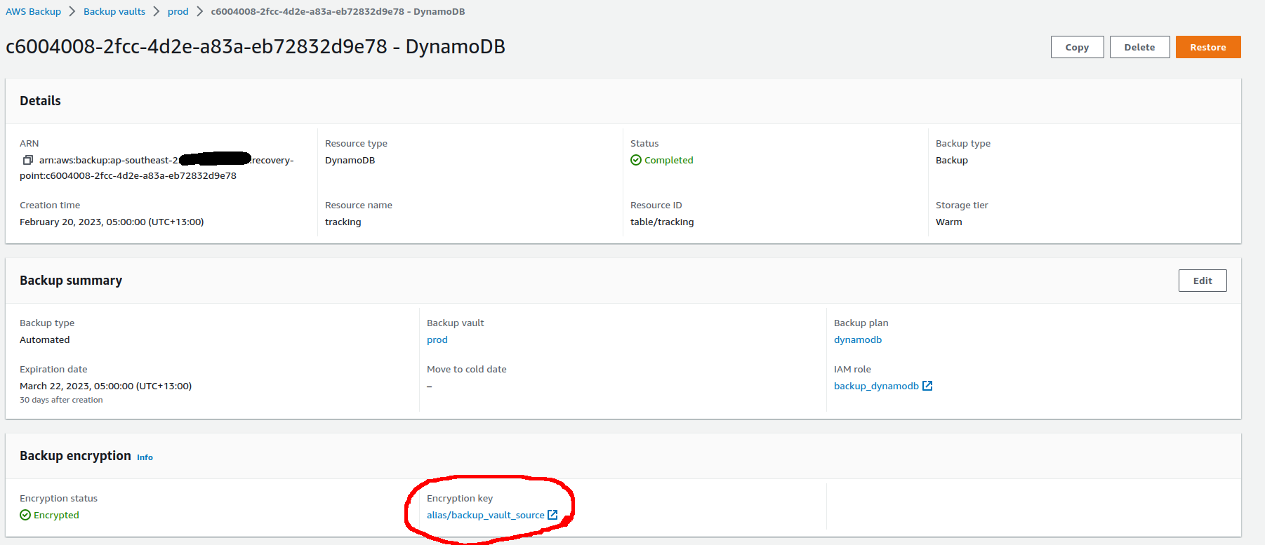 Recovery point encryption for DynamoDB in the sourceaccount